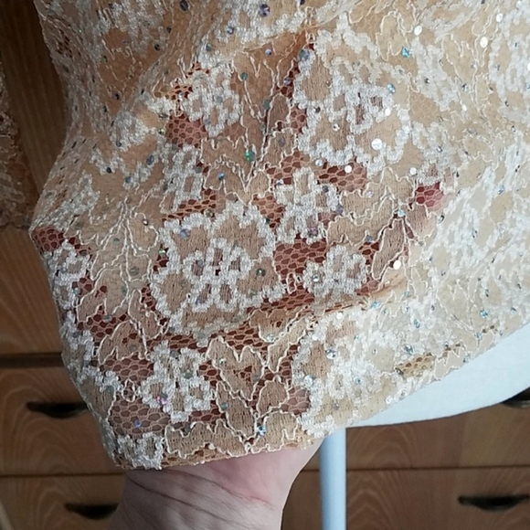 Y2K Whimsy Fairy Lace Top Bell Sleeve Sheer Floral Size S/M Sequin Sparkle Layer - Picture 7 of 12